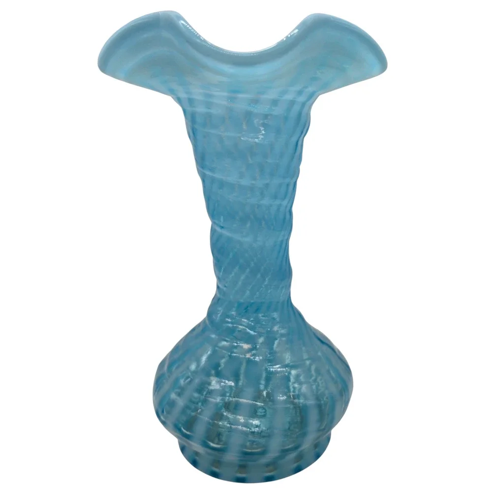 VINTAGE FENTON BLUE OPAL SWIRL OPTIC VASE 8
